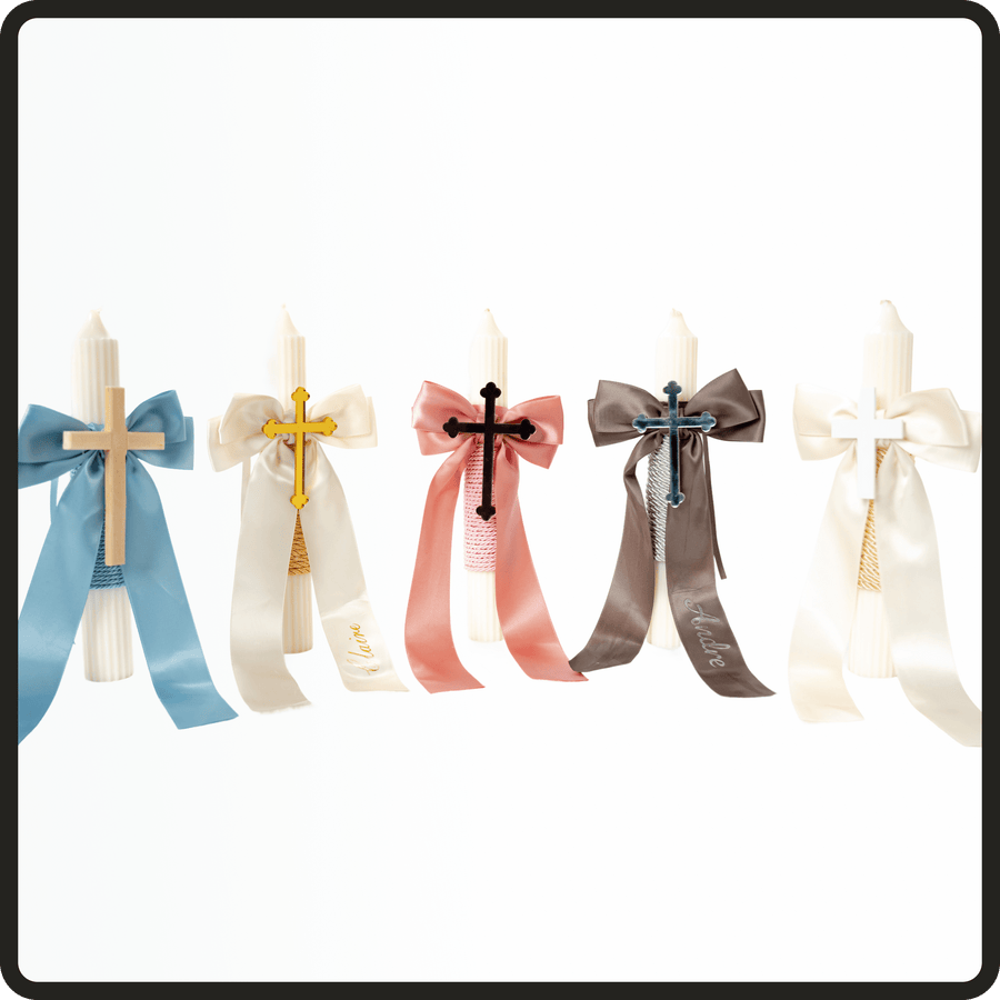 Palm Sunday Candles in multiple colours with cross detail and ribbon.