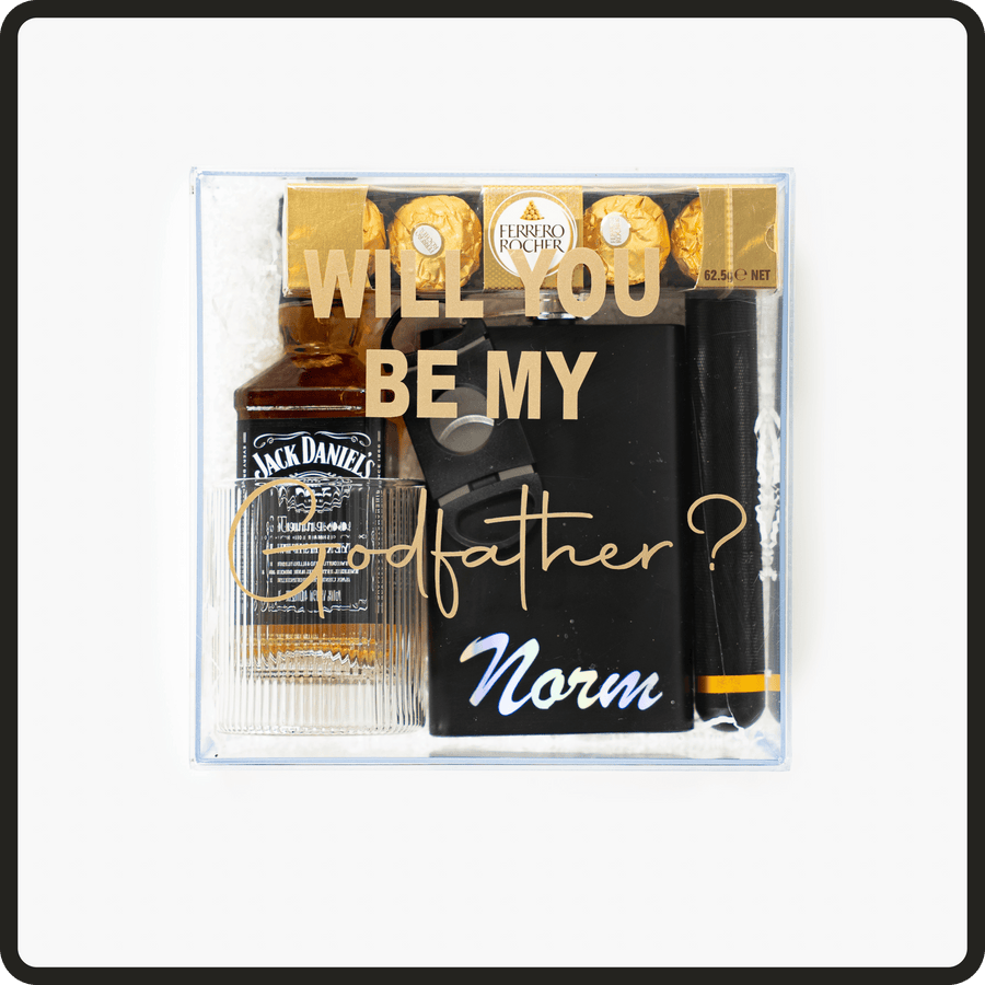 Godfather proposal gift box with 'Will you be my Godfather?' message.